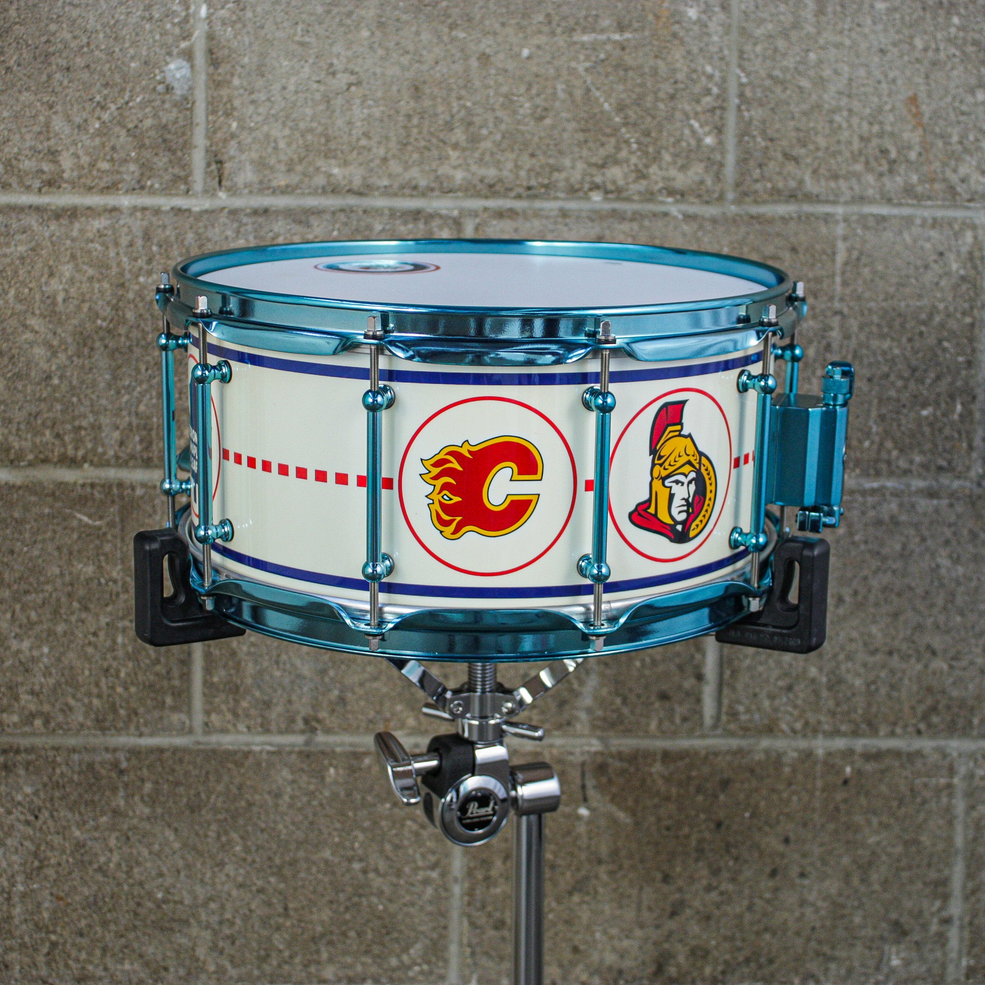 D.W. 6.5X14 VLT "Hockey Night In Canada" Maple Snare Drum with Neil Peart Tour used Sticks and Signed Head in Shadow Box