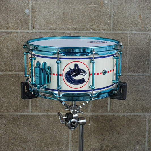 D.W. 6.5X14 VLT "Hockey Night In Canada" Maple Snare Drum with Neil Peart Tour used Sticks and Signed Head in Shadow Box