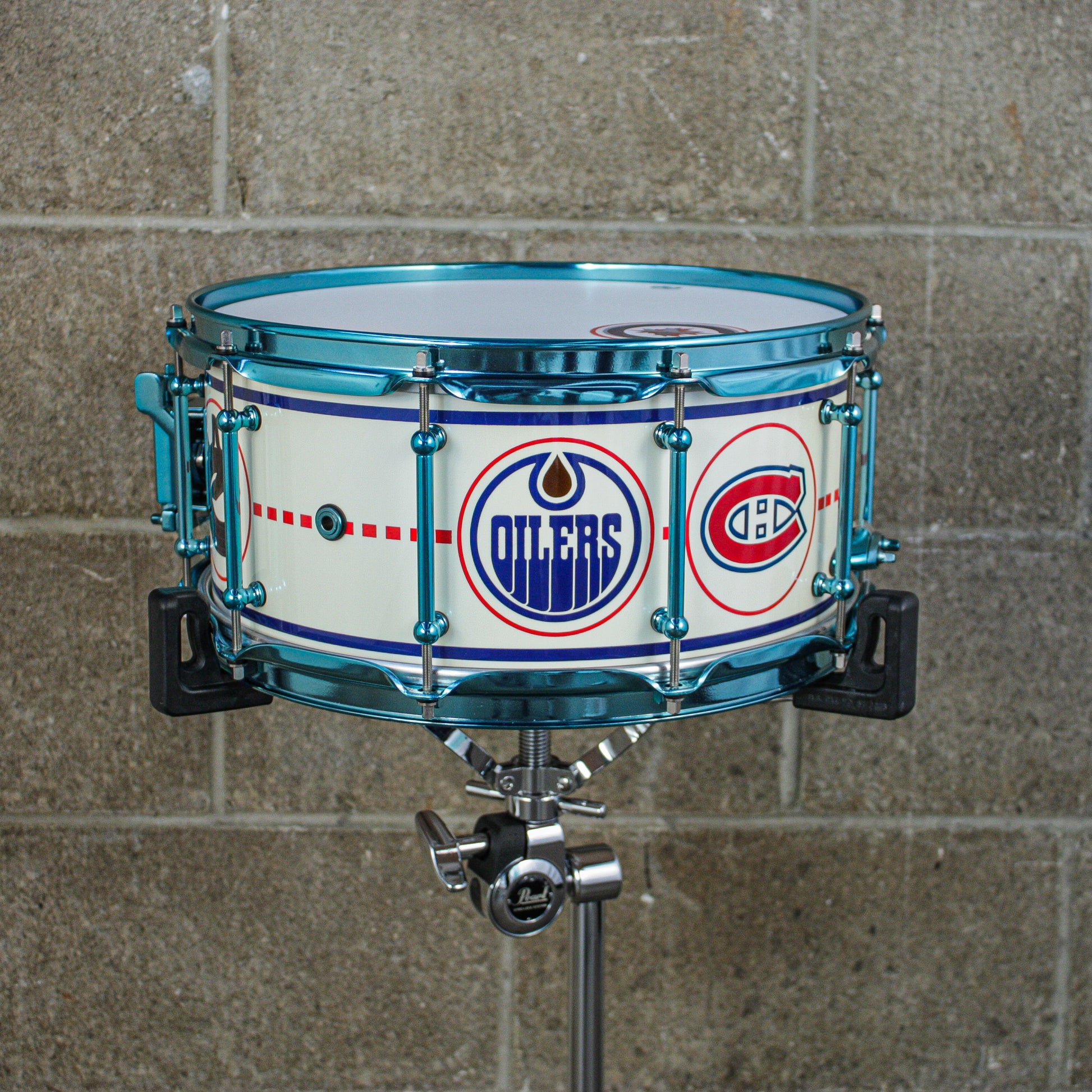 D.W. 6.5X14 VLT "Hockey Night In Canada" Maple Snare Drum with Neil Peart Tour used Sticks and Signed Head in Shadow Box