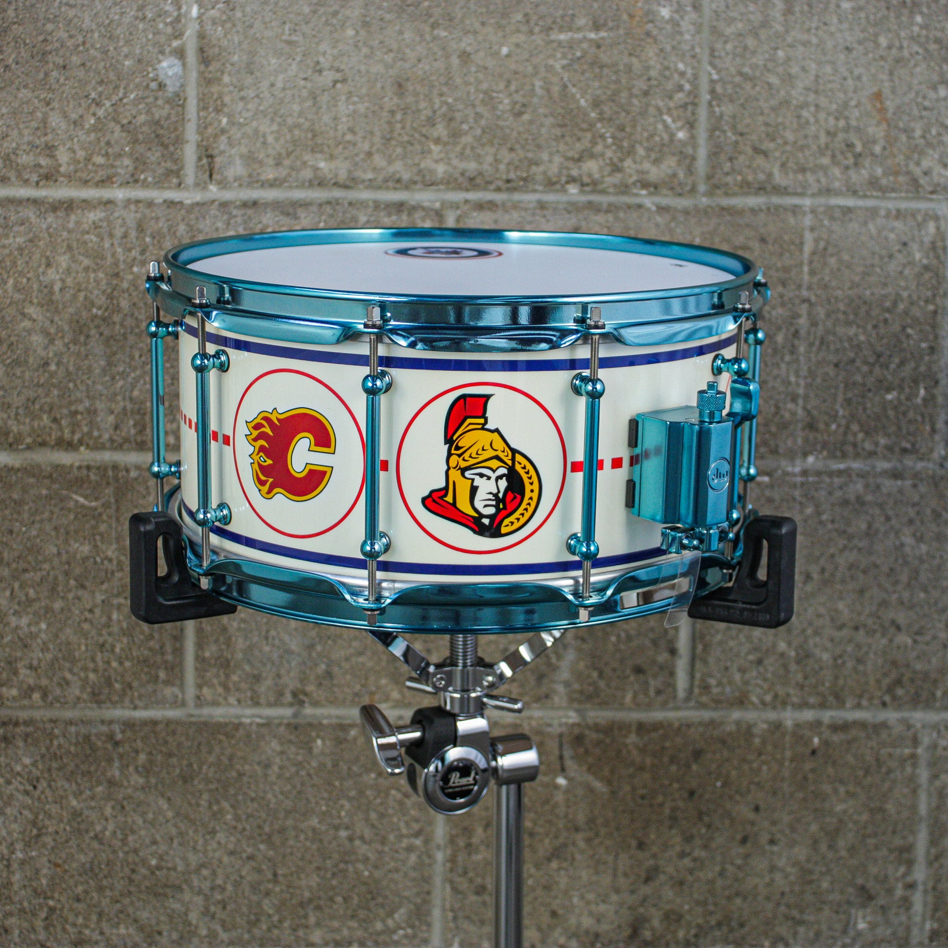 D.W. 6.5X14 VLT "Hockey Night In Canada" Maple Snare Drum with Neil Peart Tour used Sticks and Signed Head in Shadow Box