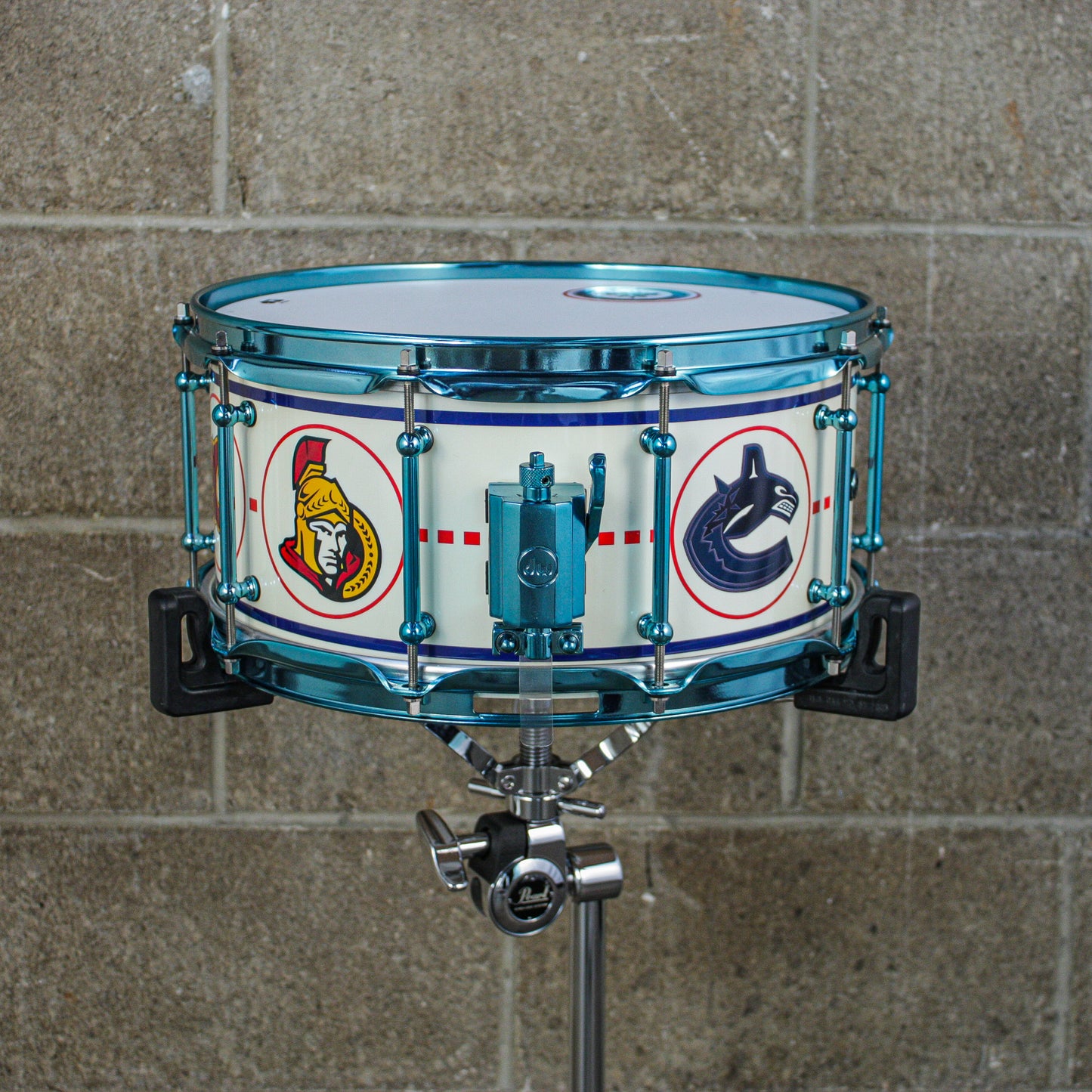 D.W. 6.5X14 VLT "Hockey Night In Canada" Maple Snare Drum with Neil Peart Tour used Sticks and Signed Head in Shadow Box