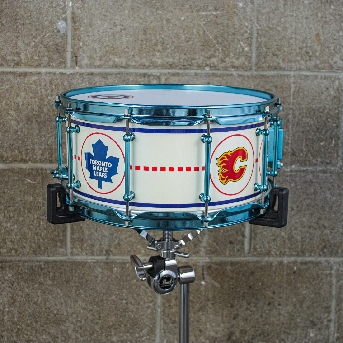 D.W. 6.5X14 VLT "Hockey Night In Canada" Maple Snare Drum with Neil Peart Tour used Sticks and Signed Head in Shadow Box