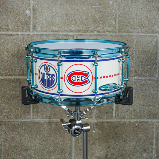 D.W. 6.5X14 VLT "Hockey Night In Canada" Maple Snare Drum with Neil Peart Tour used Sticks and Signed Head in Shadow Box