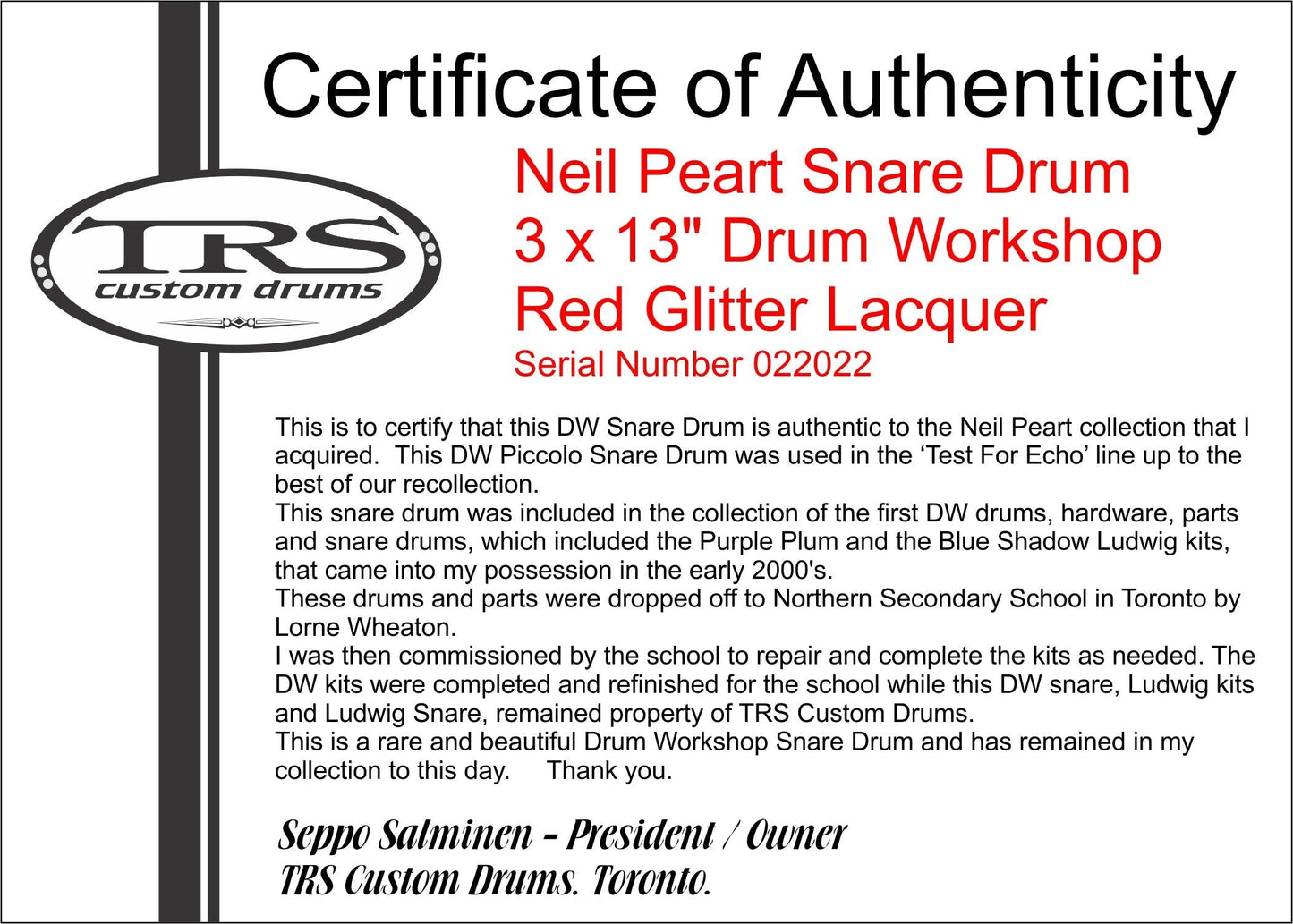 Neil Peart's DW 3" x 13" Red Sparkle Lacquer Snare Drum